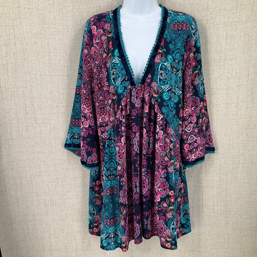 Uncle Frank Tunic Dress Womens M Paisley Boho Velvet Trim Colorful Peasant